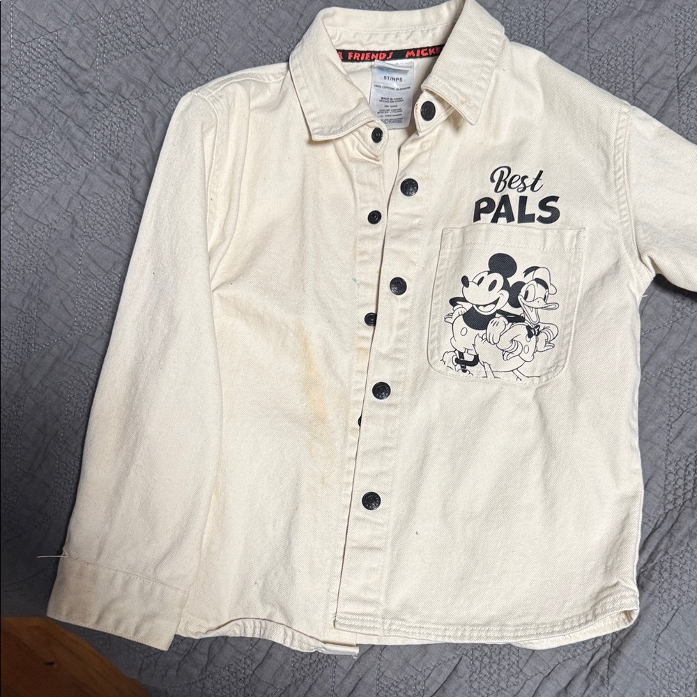 Cream Button-Up Shirt with Mickey Mouse Design